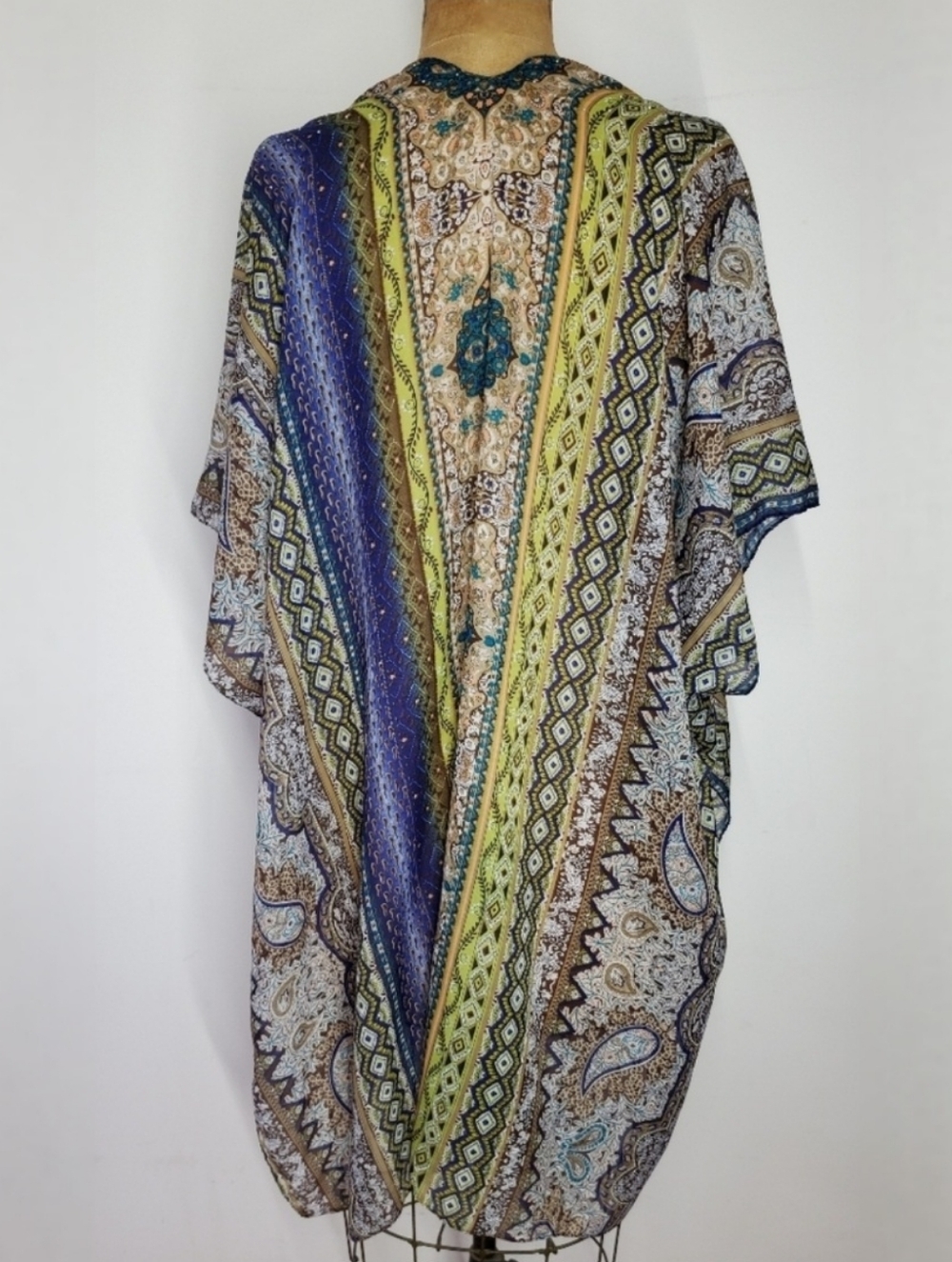 Jessica McClintock Scarf Shawl Wrap Cardigan Indigo Olive Paisley Floral Stripe - Picture 4 of 10